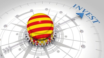 Business concept. Abstract compass points to the invest word. Flag of the Catalonia. 3D rendering