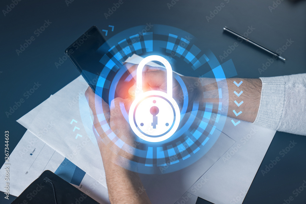 Poster man using phone. hands typing smartphone. double exposure with lock icon hologram. close up. datum c