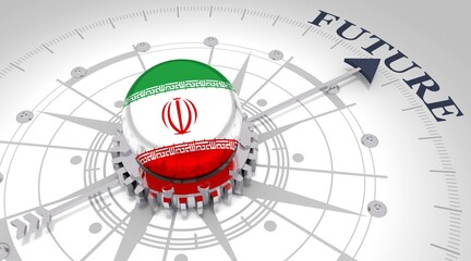 Business concept. Abstract compass points to the future word. Flag of the Iran. 3D rendering