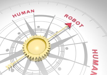 Humans vs robots. Artificial intelligence and human intelligence. Technology concept. Abstract compass points to the robot word. 3D rendering