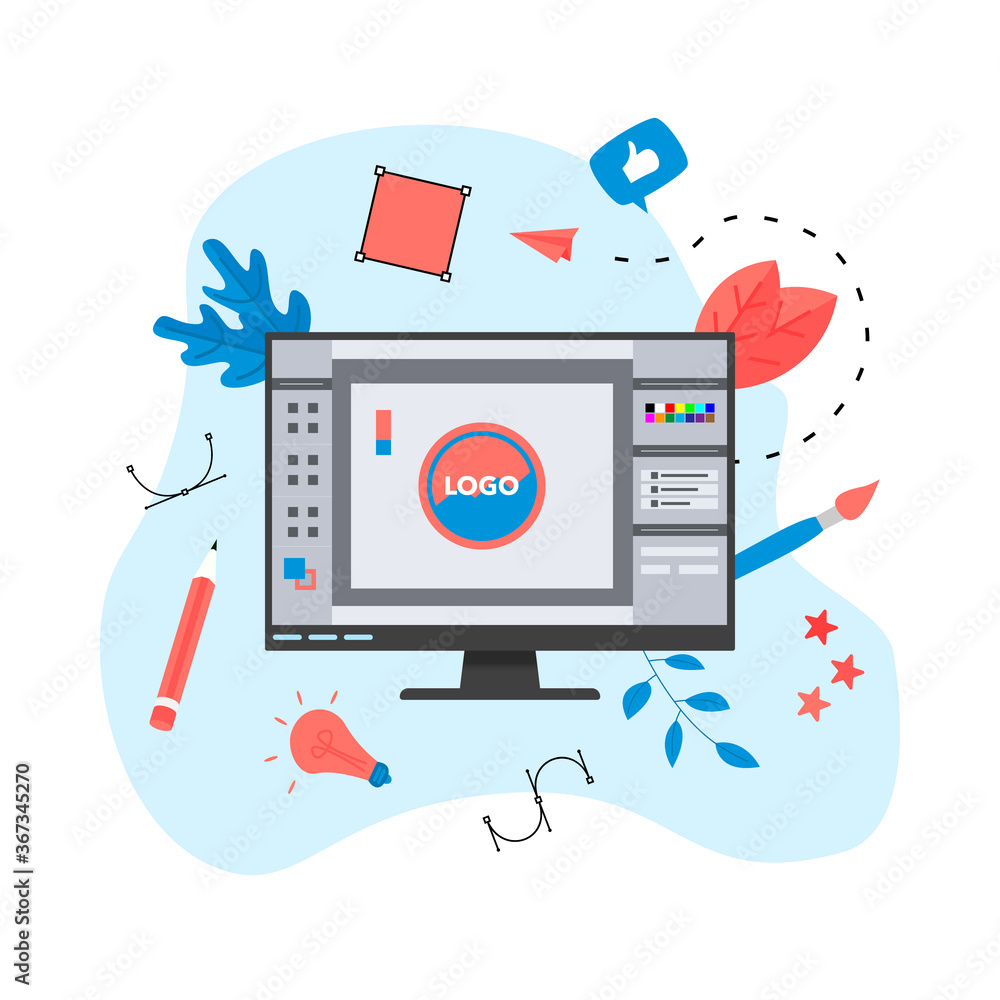 Poster flat vector graphic design concept with designer with an open design application with a creative pro