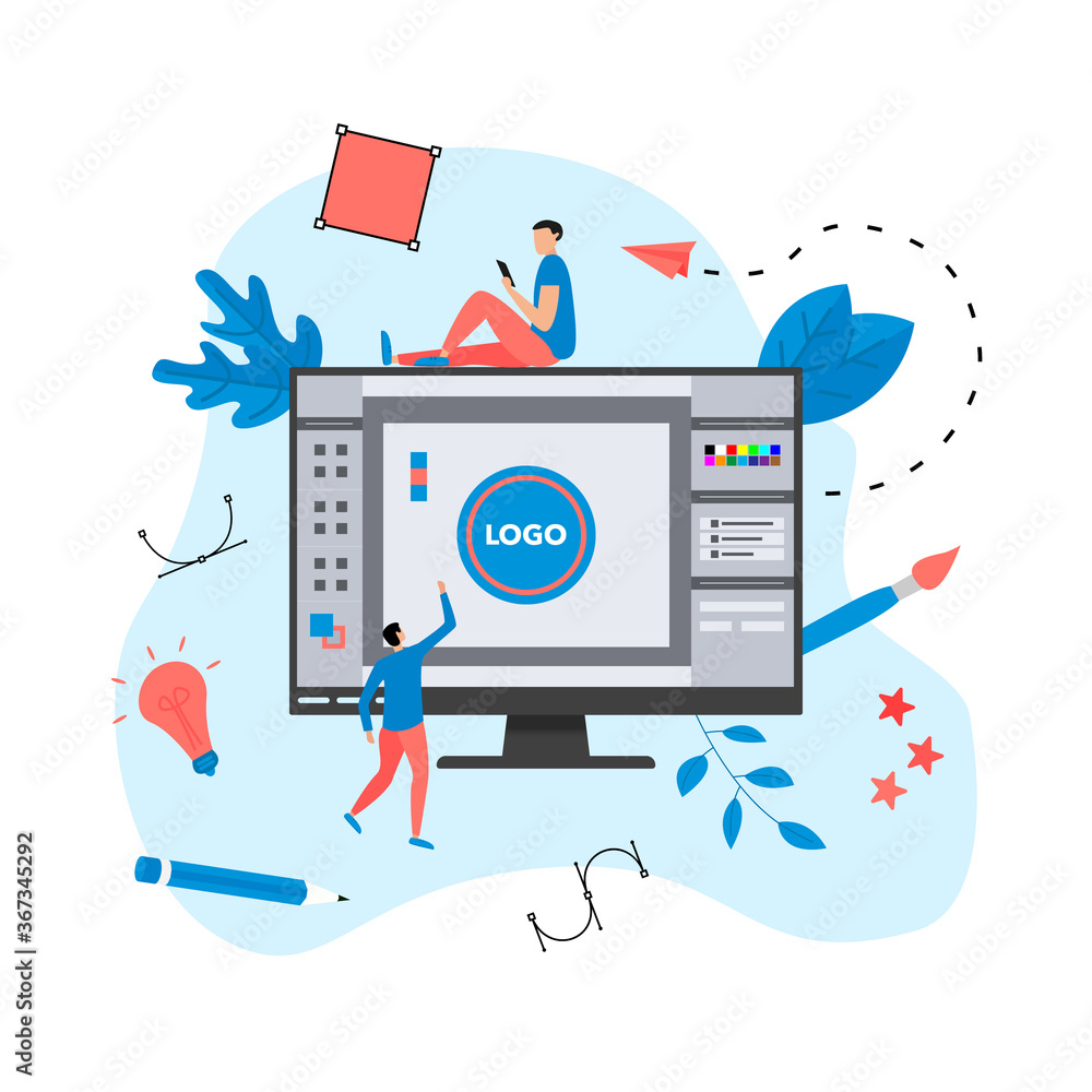 Poster flat vector graphic design concept with designer with an open design application with a creative pro