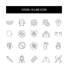 Coronavirus Covid-19 line icons set isolated on white. Perfect outline health medicine symbols pandemic banner