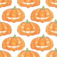 Watercolor Halloween pumpkin seamless pattern on a white background. Orange hand-drawn pumpkin endless print for your design. Cute autumn and Halloween symbol repeat wallpaper.