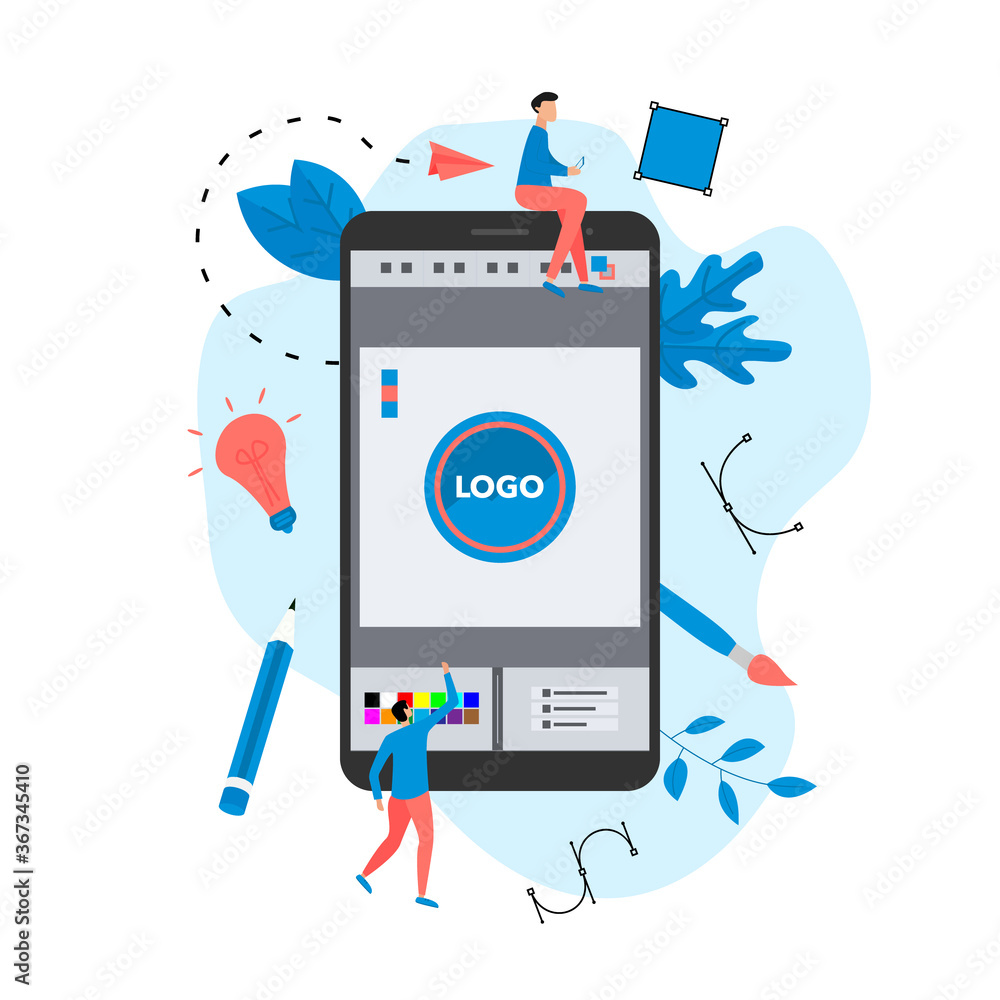 Poster flat vector graphic design concept with designer with an open design application with a creative pro