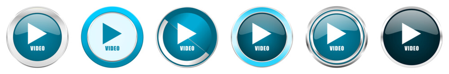 Video silver metallic chrome border icons in 6 options, set of web blue round buttons isolated on white background