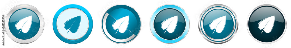 Aufkleber leaf silver metallic chrome border icons in 6 options, set of web blue round buttons isolated on whi