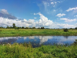 a small body of water among a green field against a blue cloudy sky