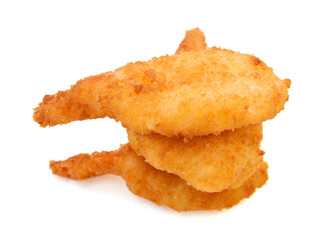 Breaded Butterfly Prawns - Deep fried battered prawns filled on white background
