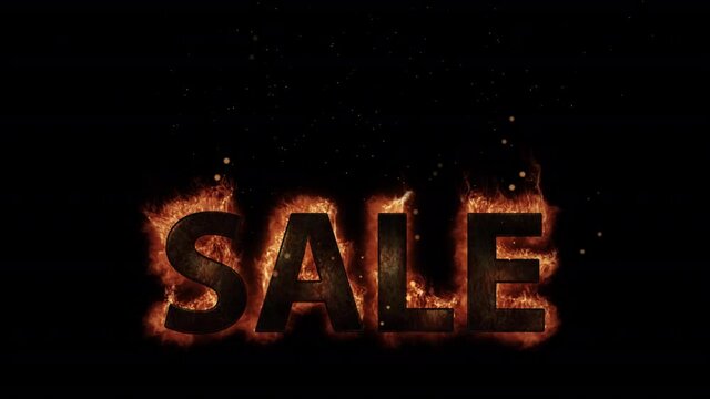 Sale - seamless looping realistic hot burning black metallic word isolated on transparent background (Alpha Channel). Fire price , Offer concept. Night flames for png gif image. Open discount season 