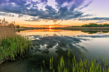 Fototapeta na wymiar Scenic view at beautiful spring sunset with reflection on a shiny lake with green reeds, grass, golden sun rays, calm water ,deep blue cloudy sky and glow on a background, spring evening landscape