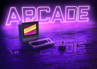 Vintage computer with neon glowing arcade videogames in violet synthwave colorful on a black background- concept art - 3D rendering