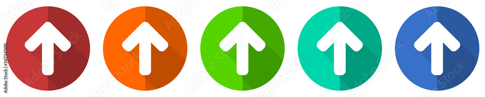 Poster up arrow icon set, upload, red, blue, green and orange flat design web buttons isolated on white bac