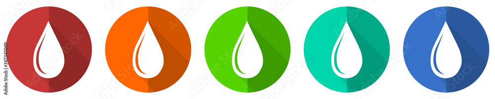 Poster water drop icon set, red, blue, green and orange flat design web buttons isolated on white backgroun