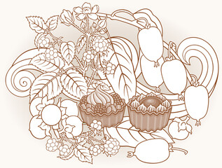 Sweets, berries, fruits hand drawn illustration