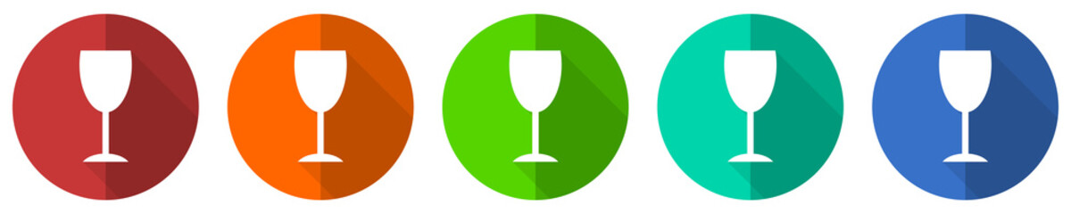 Alcohol icon set, red, blue, green and orange flat design web buttons isolated on white background, vector illustration
