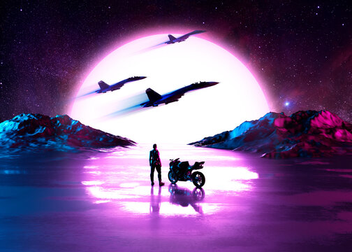 Colorful silhouette of a man and a motorbike watching airplane flying in front of a violet  synthwave sunset - concept art - 3D Rendering 