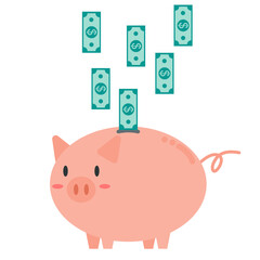Piggy bank, money saving pig, cute pig and bank note