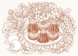 Sweets, berries, fruits hand drawn illustration