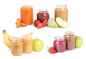 Set with different jars of baby food on white background