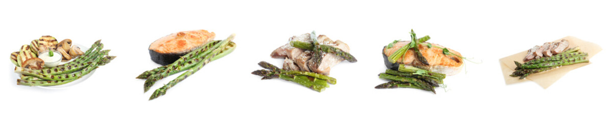 Set of different delicious meals with asparagus on white background, banner design