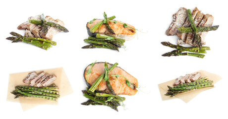 Set of different delicious meals with asparagus on white background, banner design
