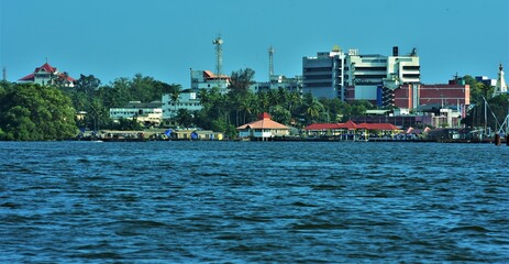 Kollam town from Ashtamnudi Lake, Kerala, India