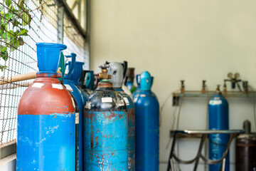 Oxygen and Argon gas storage steel tanks for industry welding process manufacture etc at gas room storage outside factory