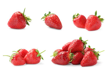 Fototapeta na wymiar Set of delicious ripe strawberries on white background
