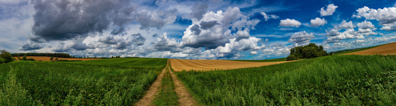 An ultra wide angle image of several green and yellow fields, blue sky and beautiful white clouds