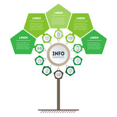 Infographic of green technology or education process with 5 options. Template of tree, info chart or diagram. Eco Business presentation concept with five points. Vector.
