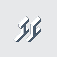 IC - logo or 2-letter code. Isometric 3d font for design. Letter I or number 1 and letter C - Monogram or logotype. Three-dimension letters.