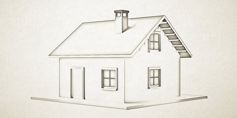 Traditional house cartoon of black outline isolated on white background, texture, banner.