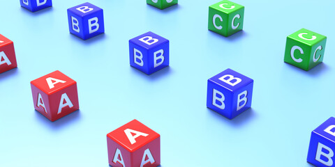 Abc letters on colorful cubes, blue background. School keep distance, coronavirus concept. 3d illustration