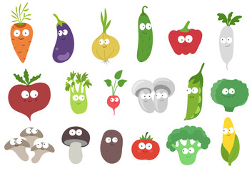 Funny vegetables characters set. Vitamins your friends mascot. Hand drawn sketch. Vector cartoon illustration.