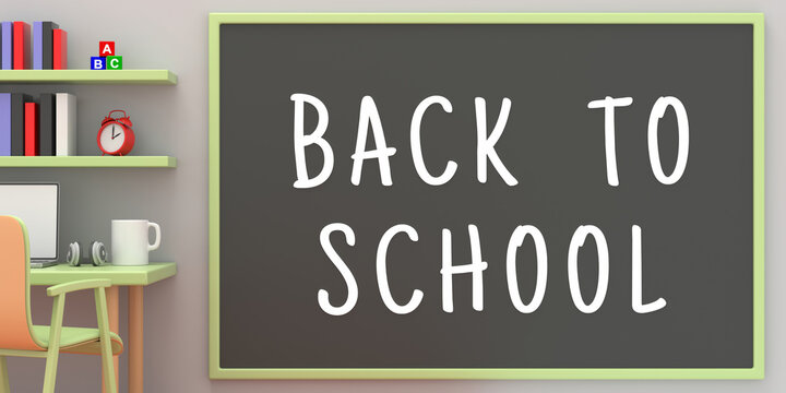 BACK TO SCHOOL text message sign on blackboard in a pastel colors child room. 3d illustration.