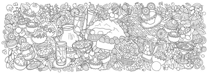 Sweets, berries, fruits, drinks illustration