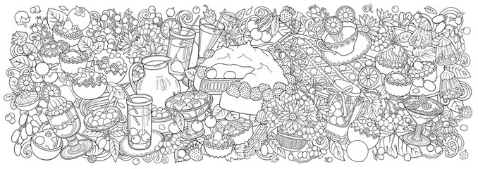 Obraz premium Sweets, berries, fruits, drinks illustration