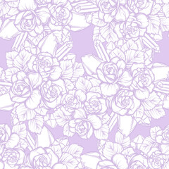 Vector illustration. crystals, bouquet of roses, mysticism. Handmade,seamless pattern,purple  background, prints on T-shirts