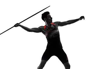 one young caucasian athlete man practicing Javelin athletics in studio isolated on white background