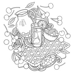 Sweets, berries, fruits, drinks illustration