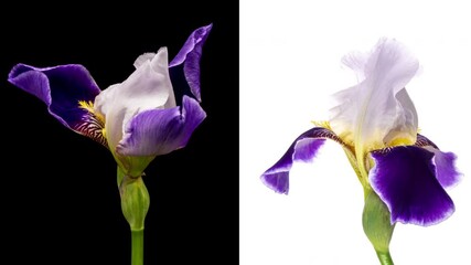 Collage of two simultaneously blooming beautiful blue and white iris flowers opening on black and white background close up
