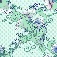Fototapeta na wymiar Petunia Flowers Seamless Pattern. Watercolor Illustration.