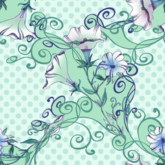 Fototapeta premium Petunia Flowers Seamless Pattern. Watercolor Illustration.