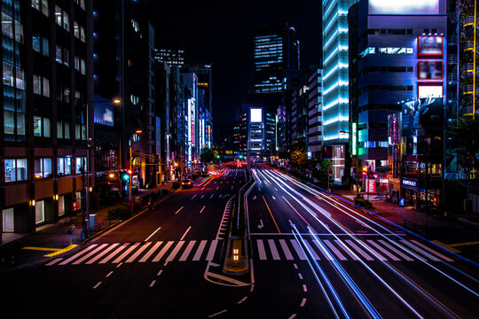 A Night Urban City Street In Aoyama Wide Shot