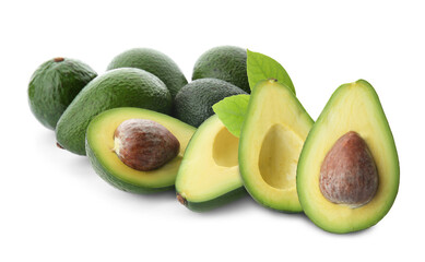 Cut and whole fresh avocados on white background
