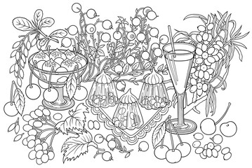 Sweets, berries, fruits, drinks illustration