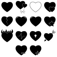 Set of black heart icon isolated on white background. Love concept. Vector flat design