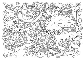 Sweets, berries, fruits, drinks illustration