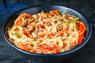 rice noodles with vegetables cellophane pasta food background top view copy space for text organic eating healthy